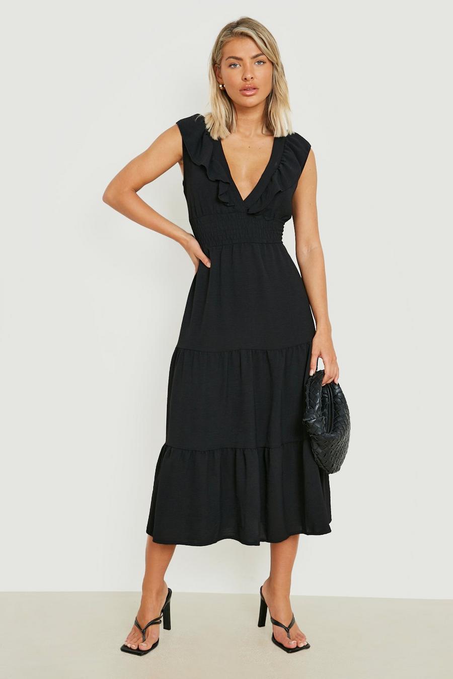 Black Frill Detail Shirred Midaxi Dress