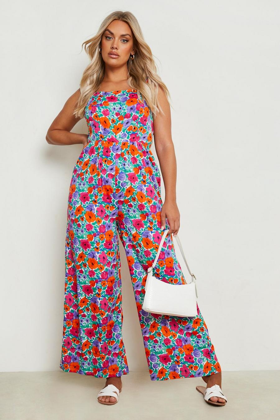 Multi Plus Bloemen Jumpsuit Met Ruches En Bandjes