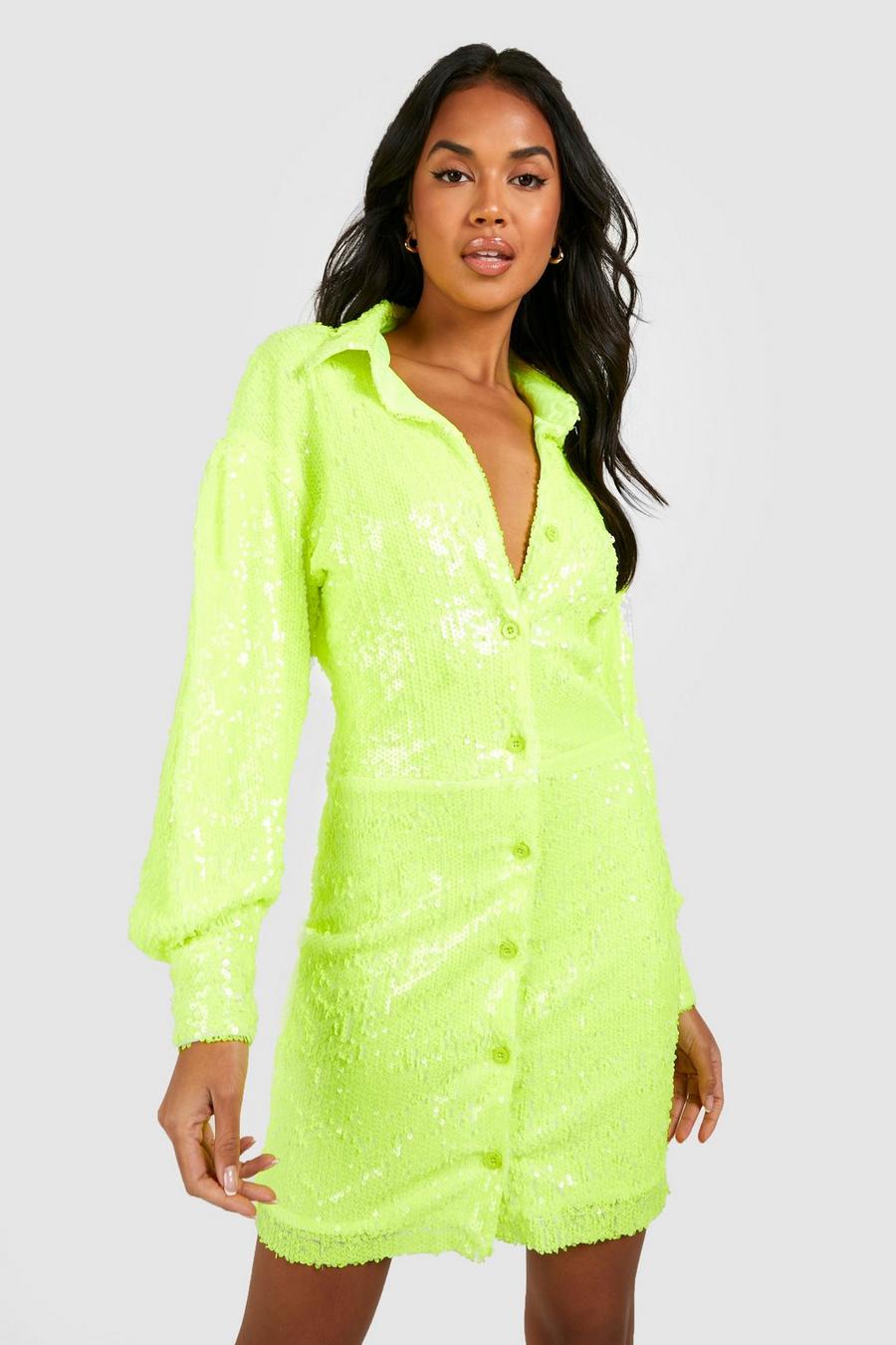 Boutique Hemd-Kleid mit Pailletten, Lime image number 1