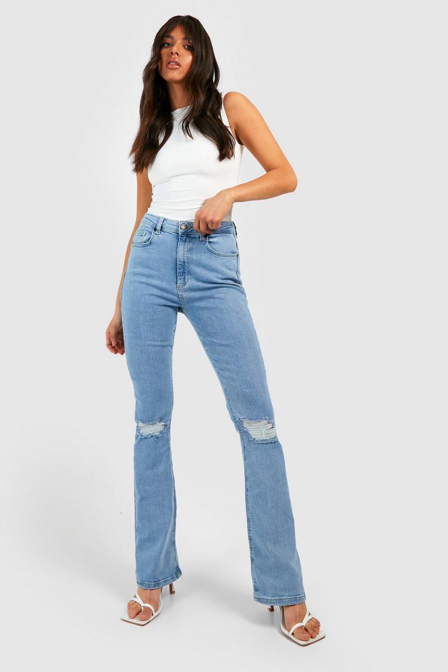 Washed blue Mid Rise Butt Shaper Ripped Flared Jeans