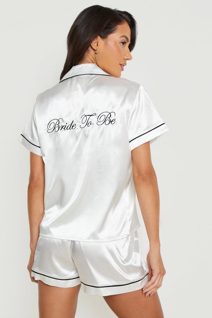 White Bride To Be Embroidery Satin Short Set  image number 1