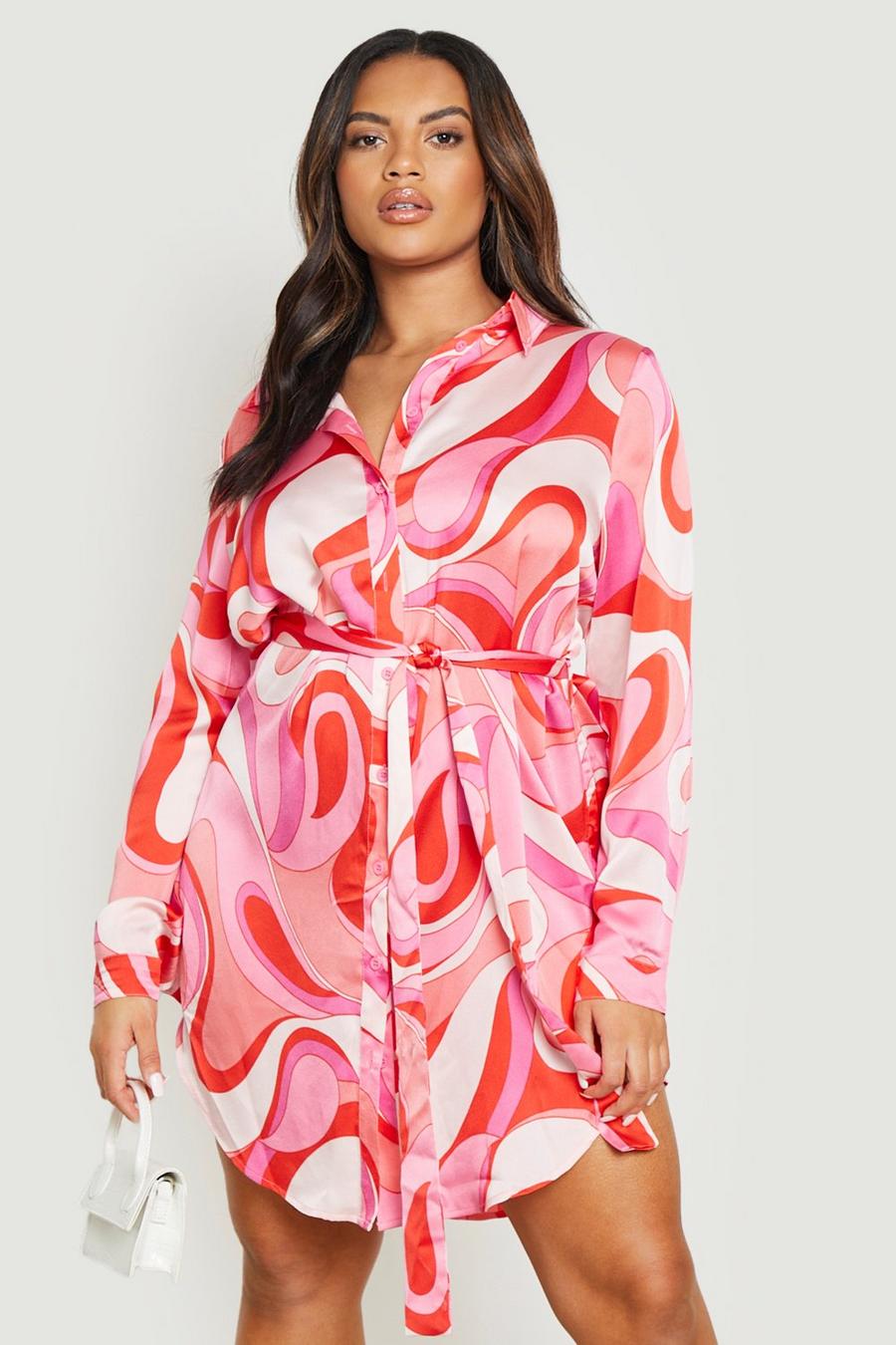 Plus Hemd-Kleid mit abstraktem Print, Pink