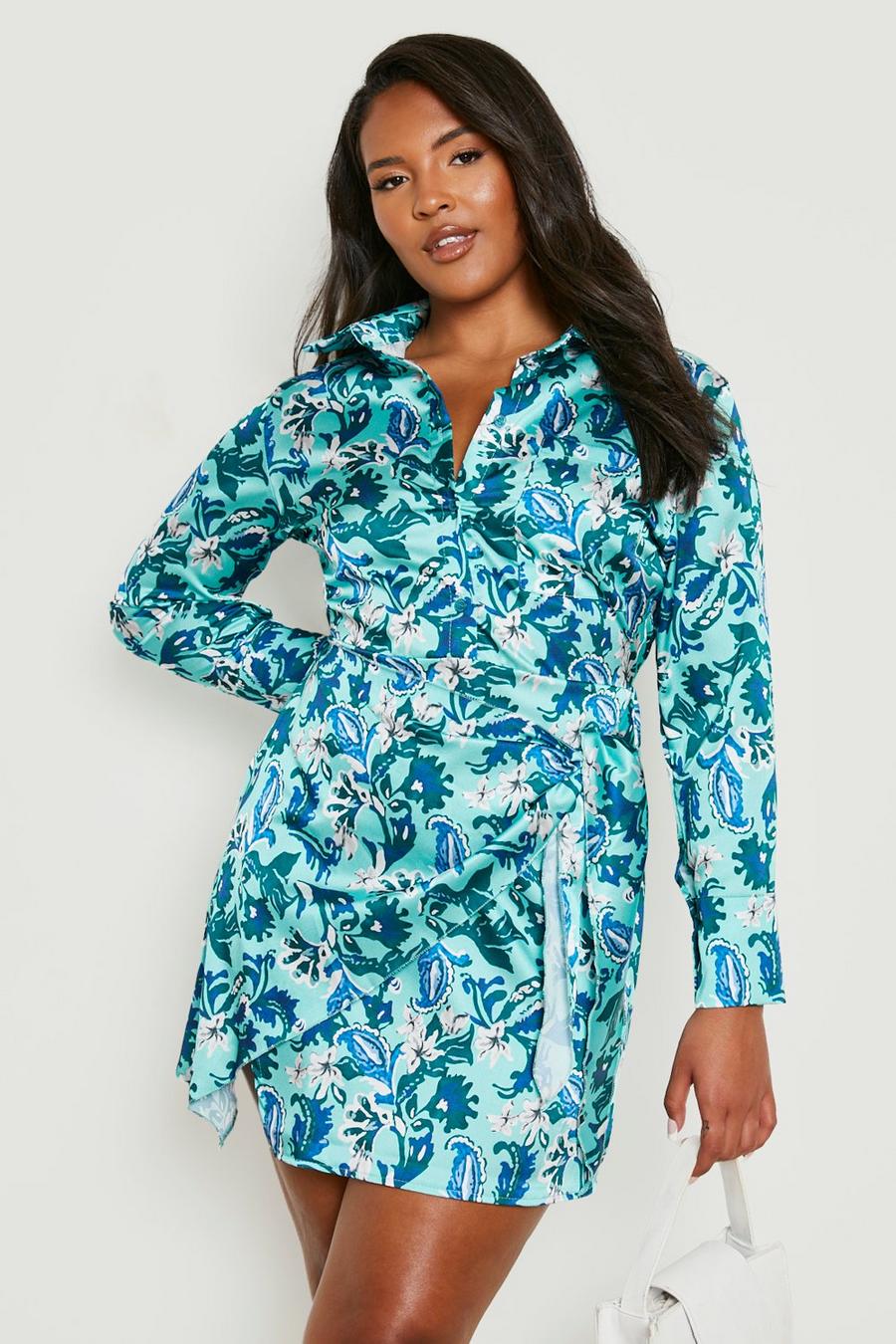 Plus Paisley-Print Hemd-Kleid mit Bindegürtel, Blue