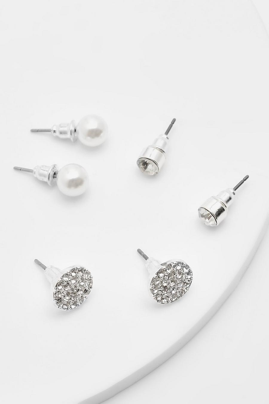 Pack de 3 pares de pendientes con cristales y perlas de imitación, Silver image number 1