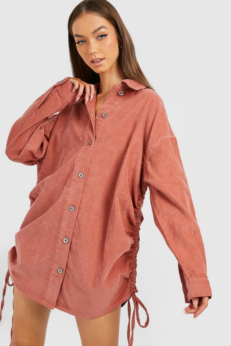Vestito camicia in velluto a coste con ruches laterali, Dusky pink