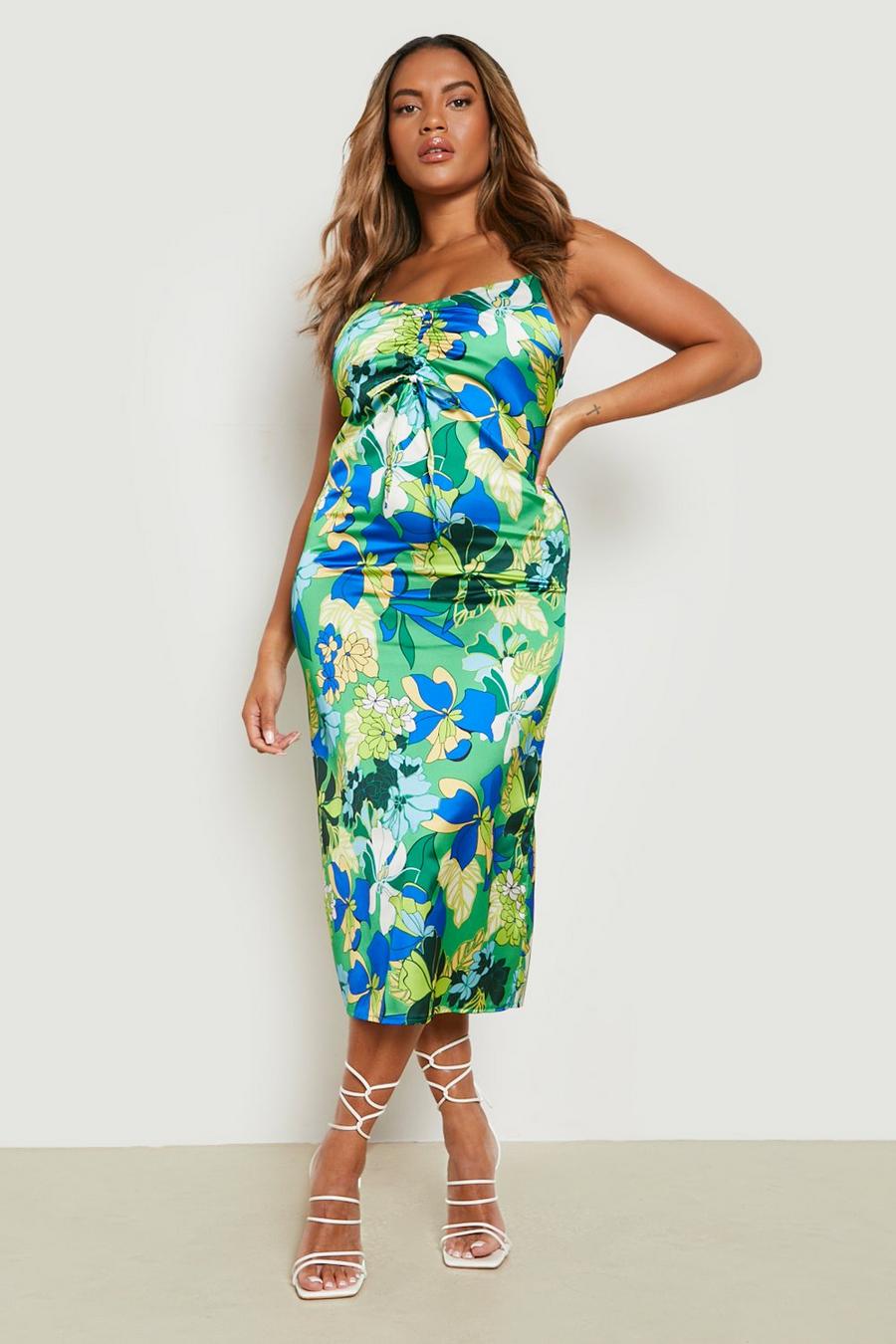Vestito pull-on Plus Size con stampa a fiori e spalline, Green image number 1