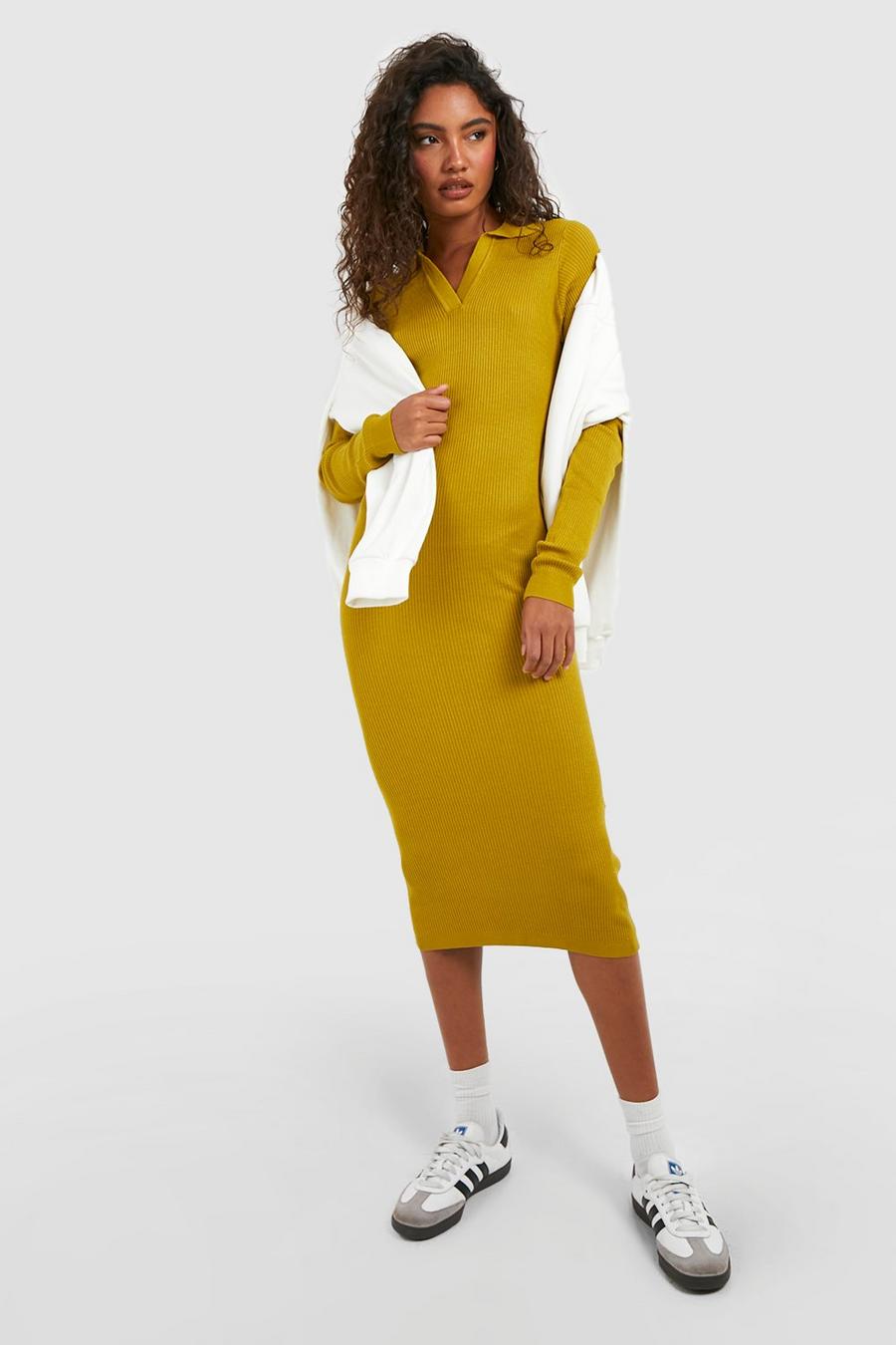 Olive Tall Rib Knitted Polo Collared Midi Dress