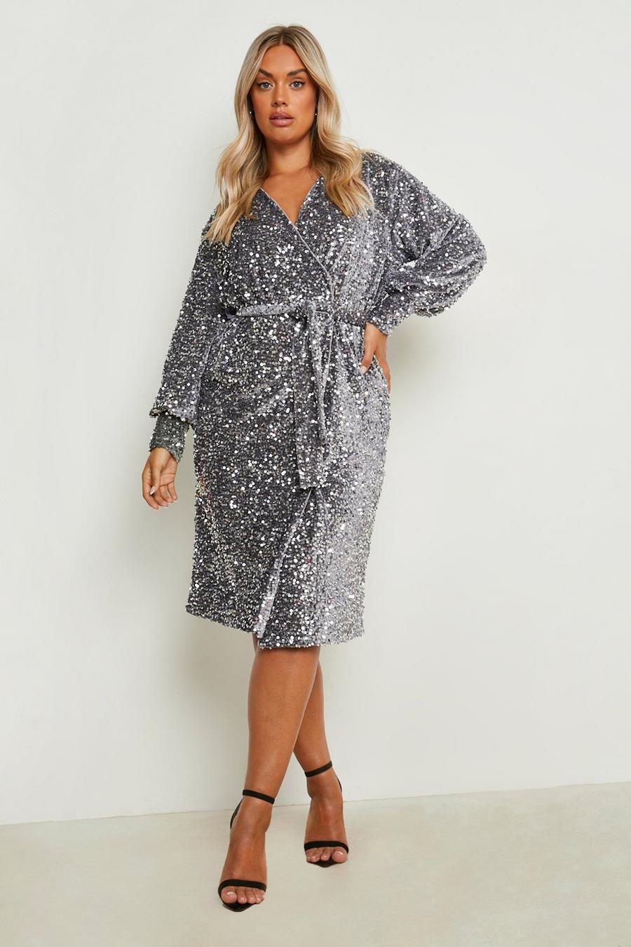 Vestito scaldacuore midi Plus Size in velluto con paillettes, Silver