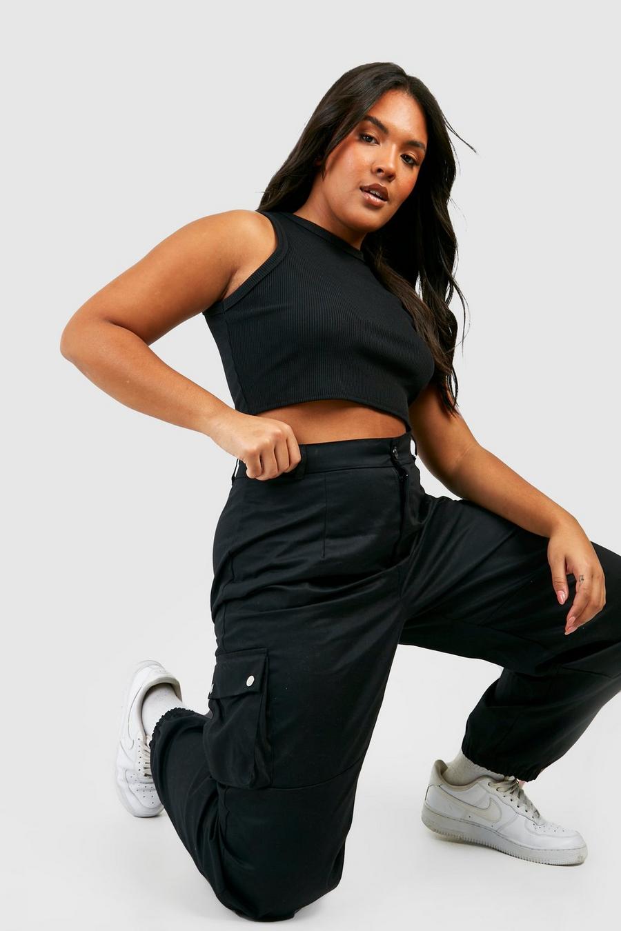 Black Plus High Waisted Woven Pocket Cargo Trousers