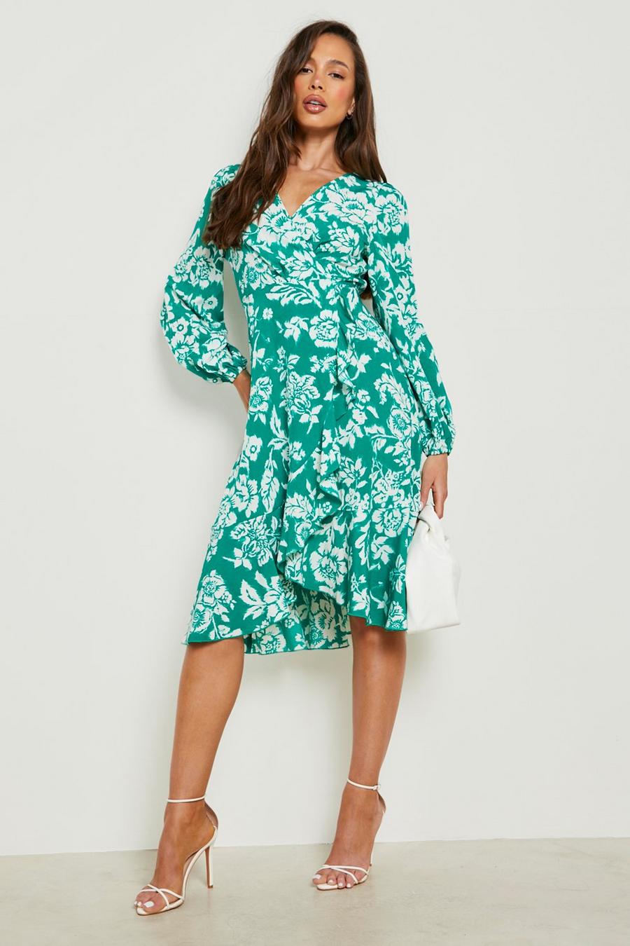 Green Floral Ruffle Wrap Midi Skater Dress image number 1