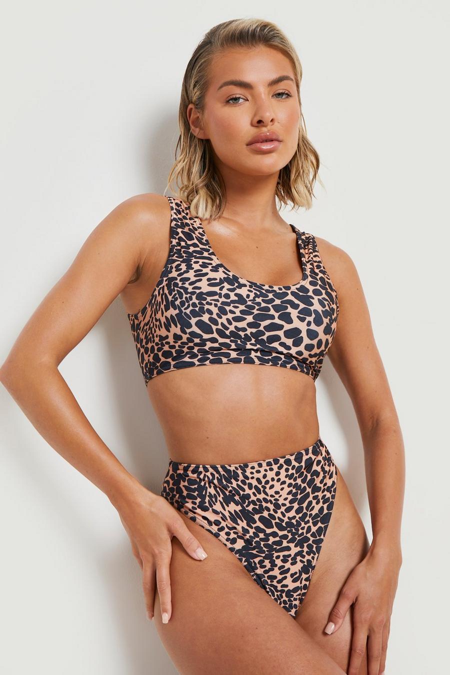 Brown Luipaardprint High Waist Bikini Set Met Lage Ronde Hals