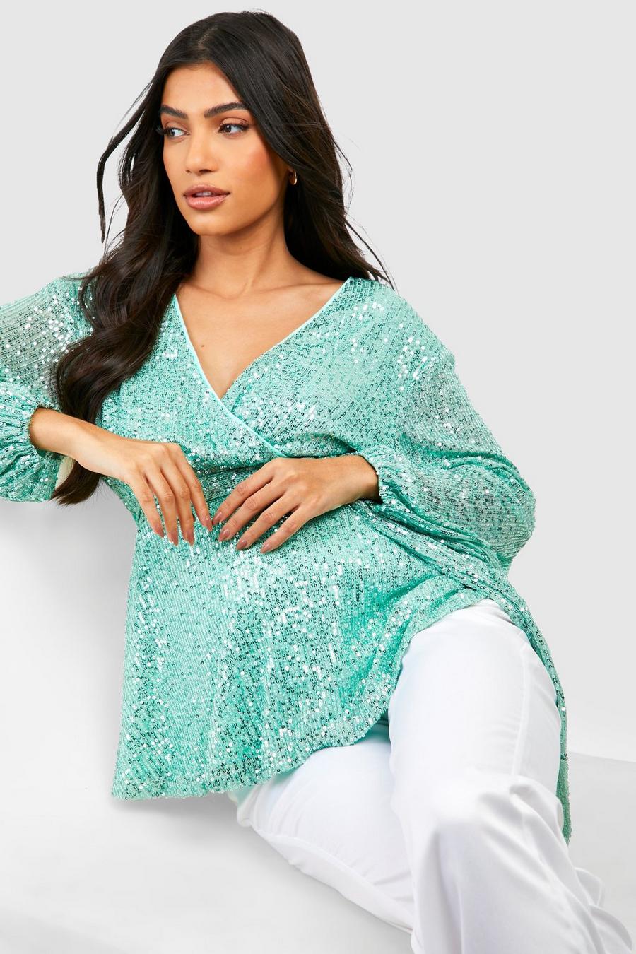 Sage Maternity Sequin Wrap Smock Top