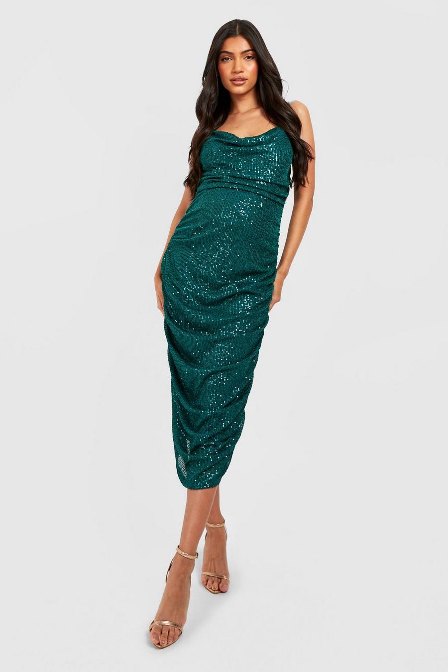 Emerald Maternity Sequin Cowl Neck Ruched Midi Dress