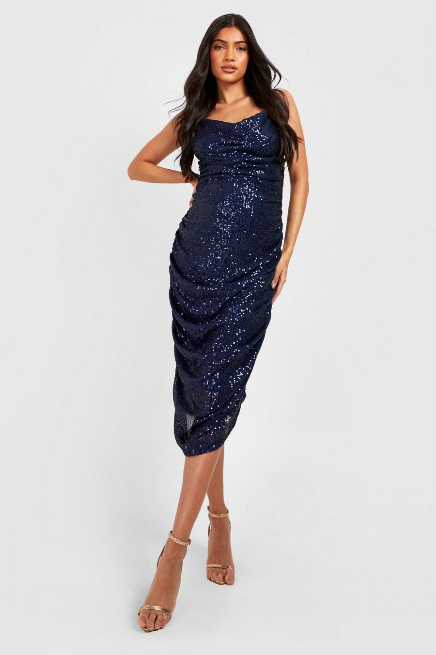 Midnight Maternity Sequin Cowl Neck Ruched Midi Dress