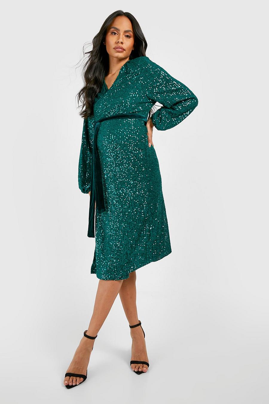Emerald Maternity Sequin Puff Sleeve Belt Midi Dress