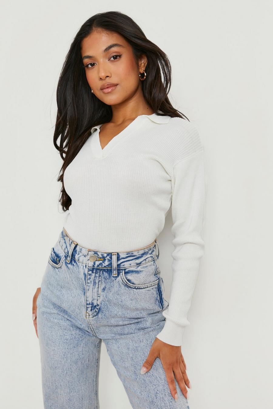 Ivory Petite V Neck Collared Top 