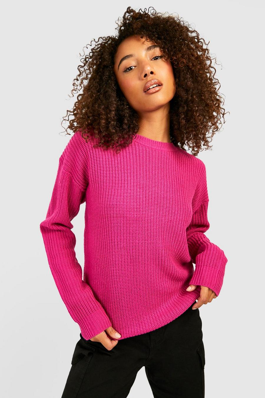 Fuchsia Tall Crew Neck Knitted Sweater