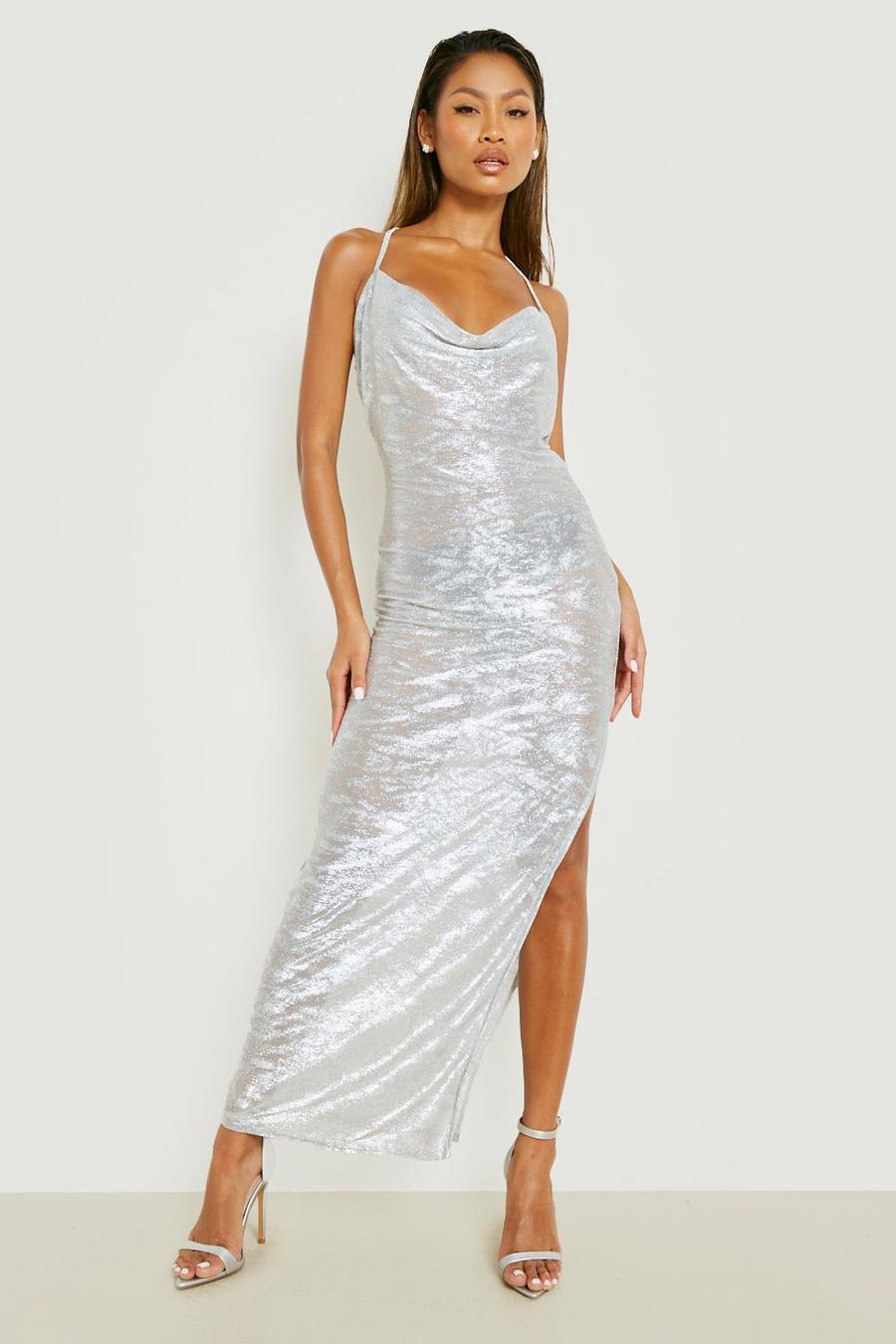 Silver Metallic Foil Texture Cowl Neck Maxi Dress