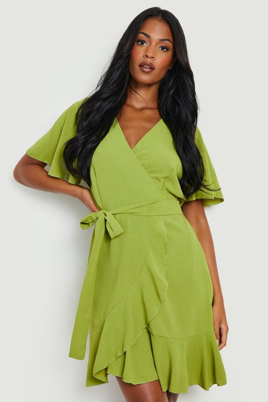 Chartreuse Tall Angel Sleeve Wrap Ruffle Mini Dress
