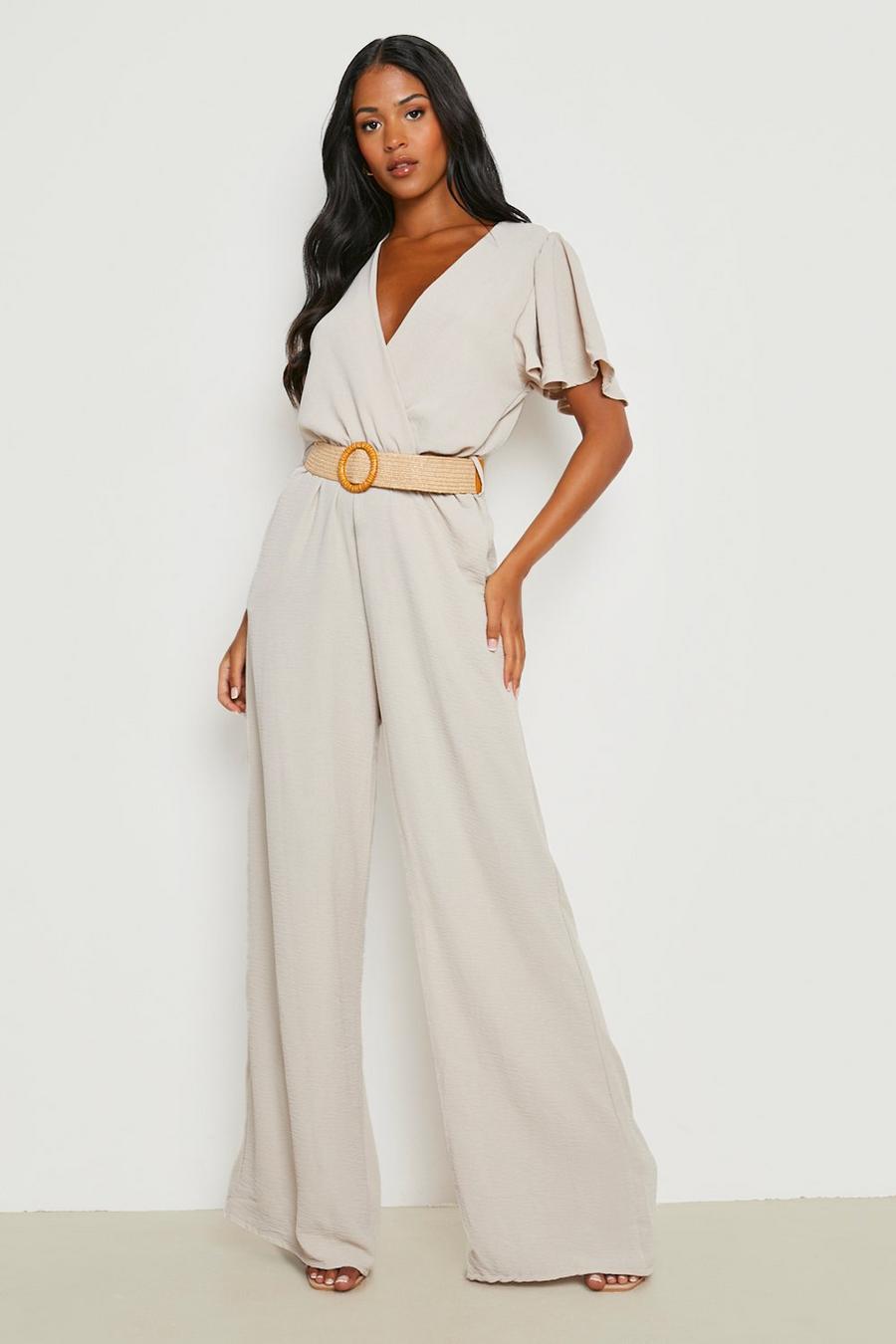 Stone beige Tall Belted Angel Sleeve Jumpsuit