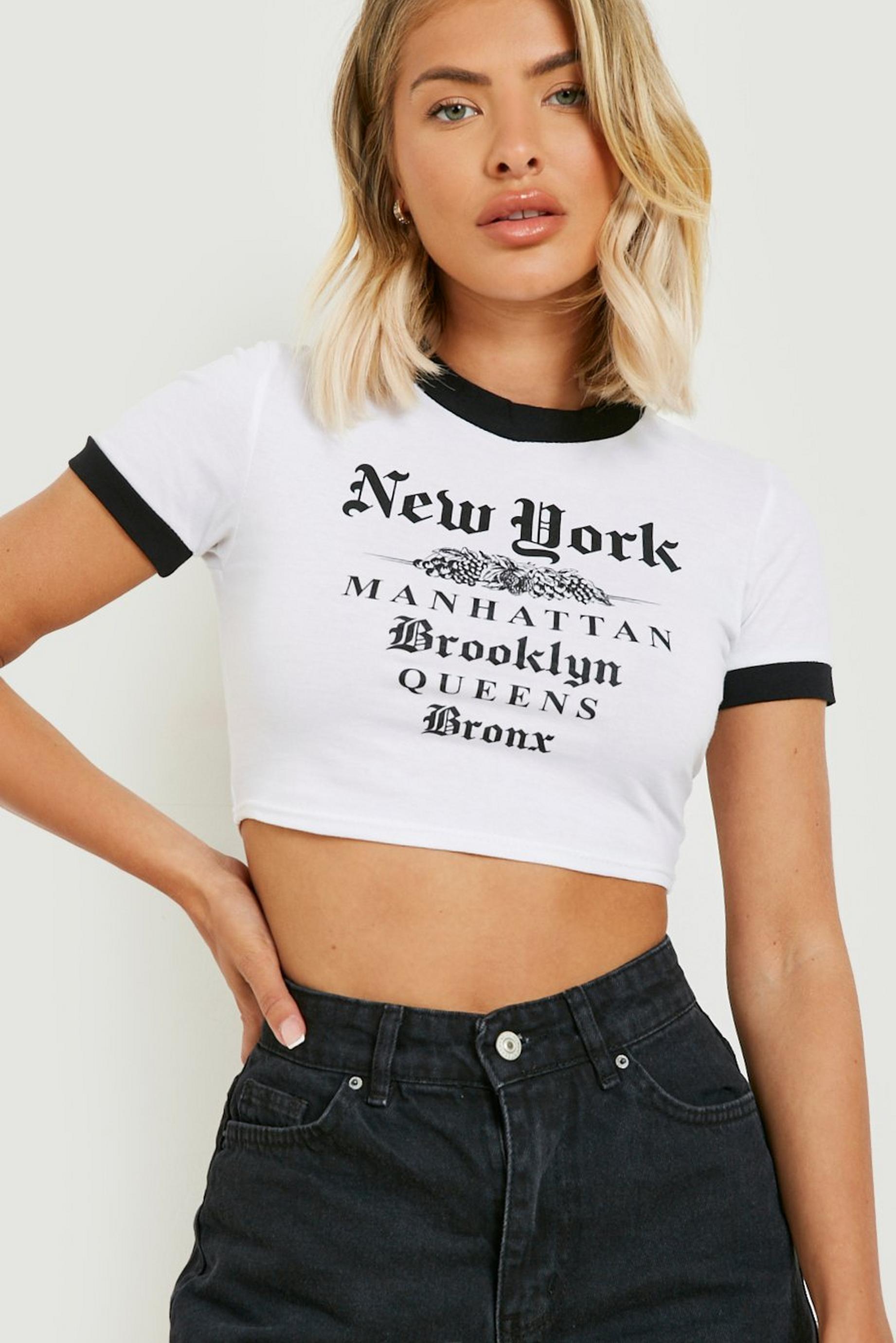 T-shirt corta con stampa New York e bordi a contrasto