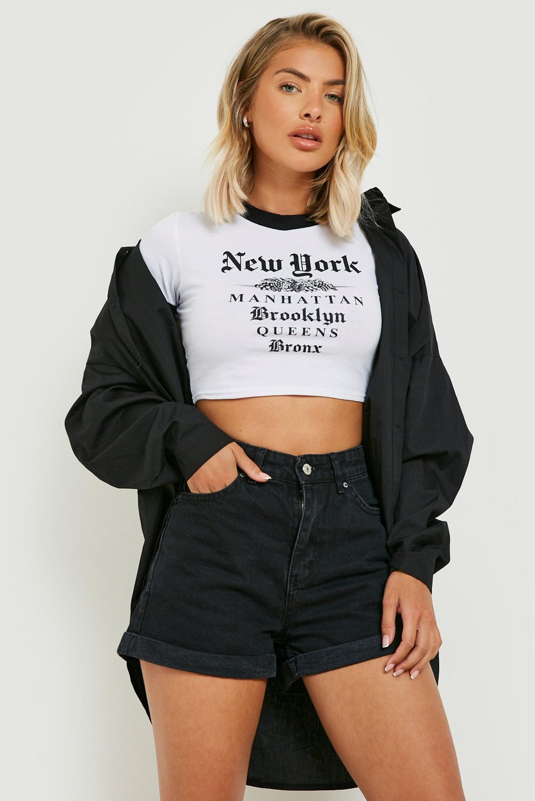 Kurzes Ringer T-Shirt mit New York Print