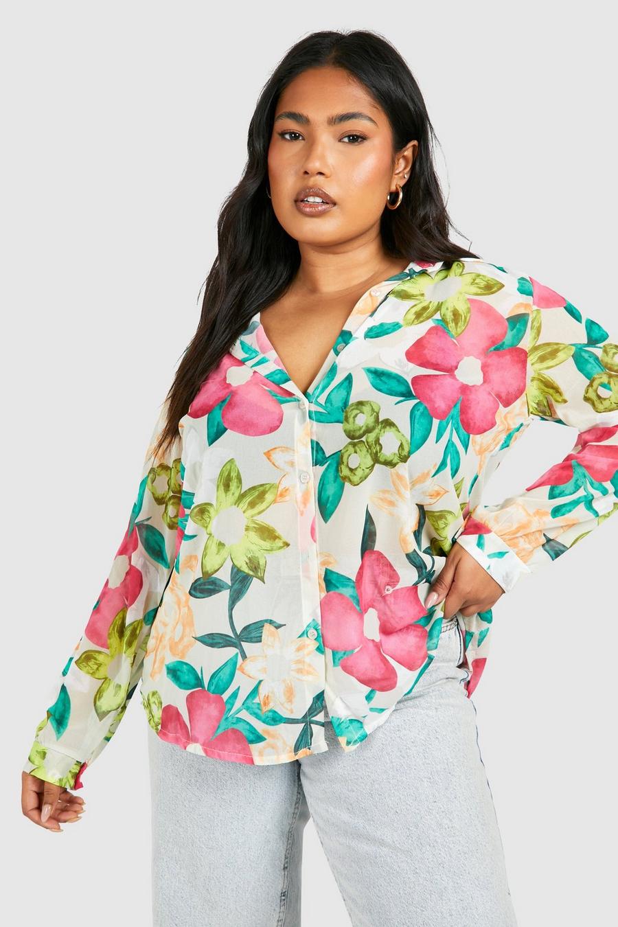 Camicia Plus Size oversize in chiffon a fiori, Multi