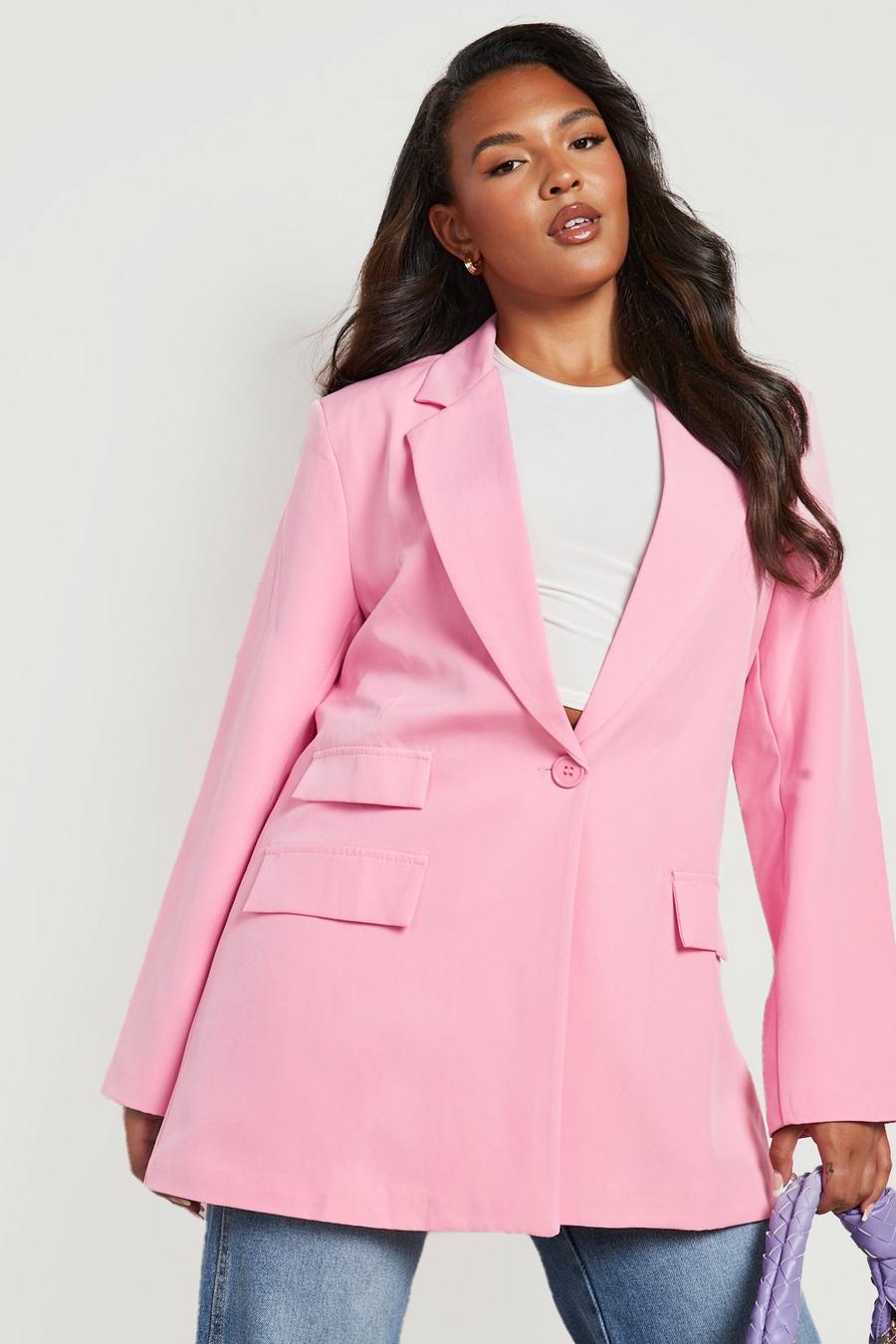 Blazer Plus Size oversize con due tasche e dettagli, Baby pink