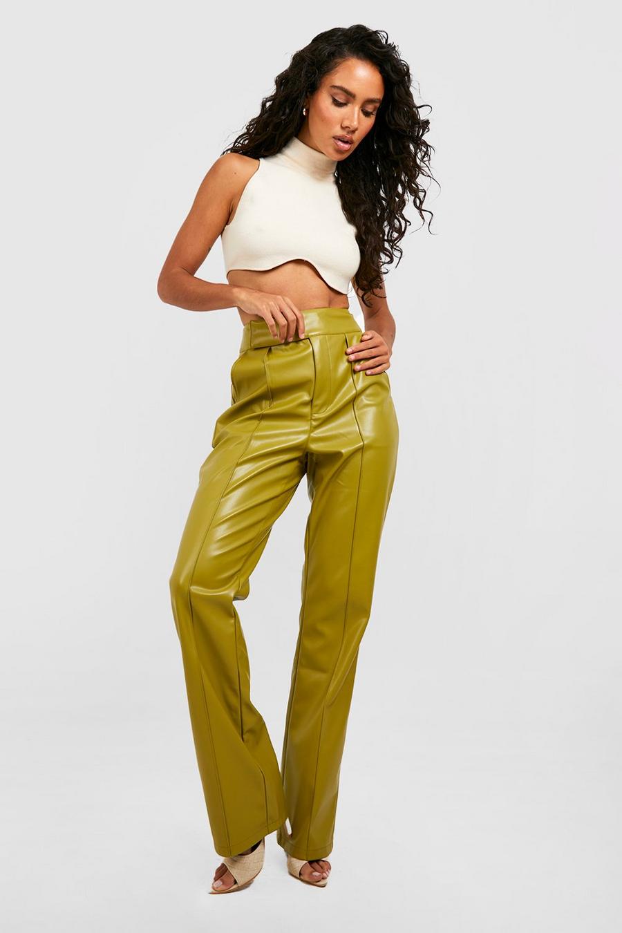 Olive Premium Seam Leather Look Straight Trousers