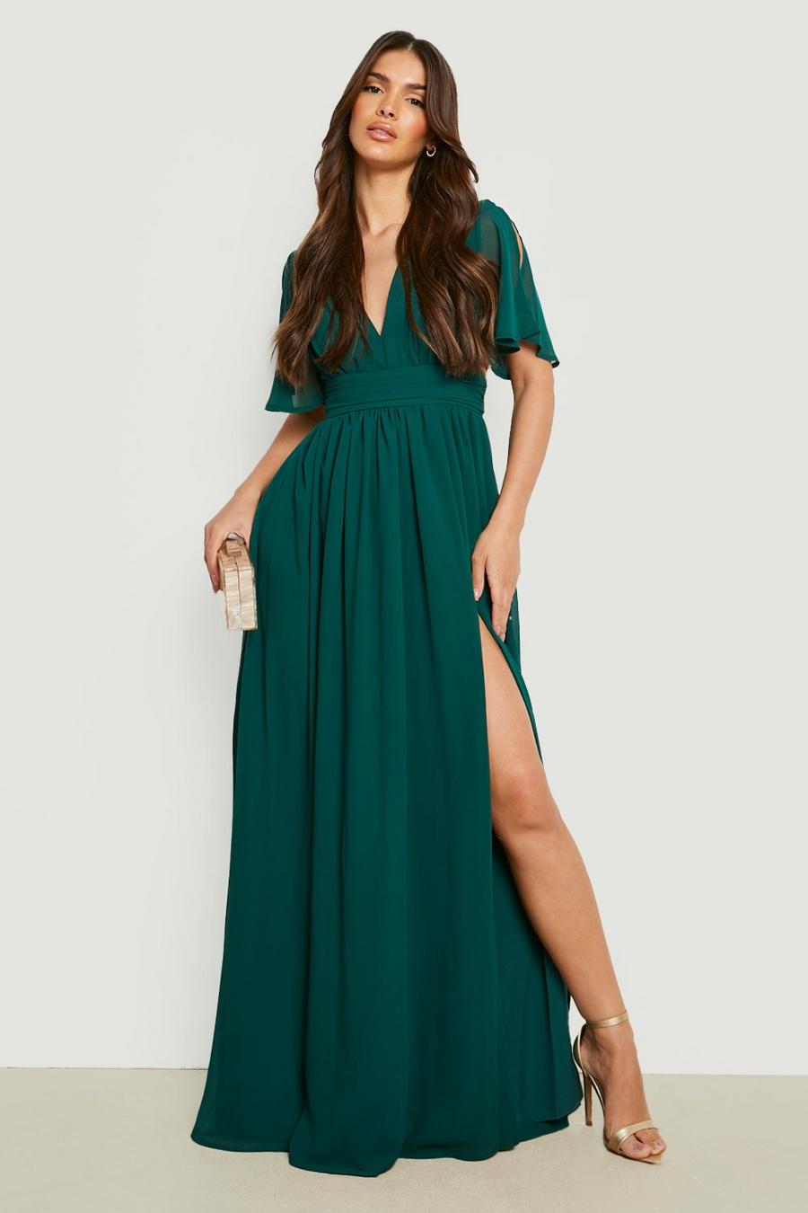 Emerald Chiffon Plunge Rouched Maxi Dress