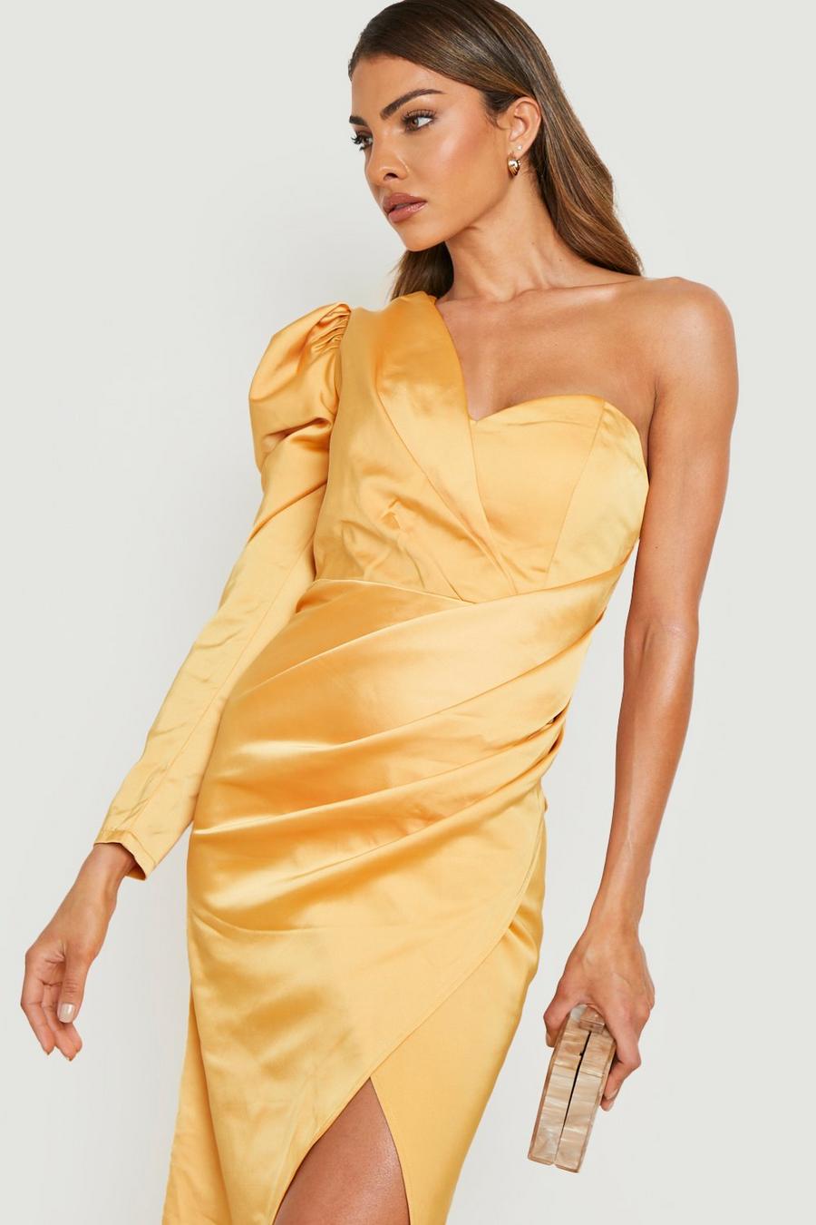 Mustard Satin Puff Sleeve Wrap Maxi Dress