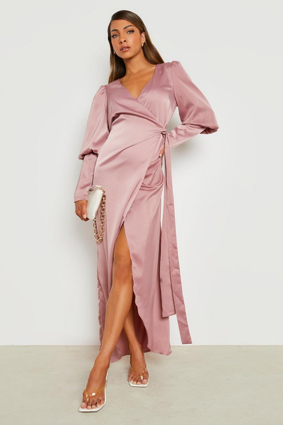 Blush Satin Wrap Puff Sleeve Wrap Maxi Dress