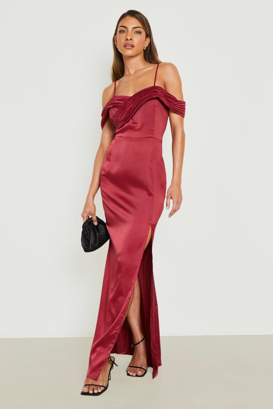 Berry Satin Off The Shoulder Strappy Maxi Dress
