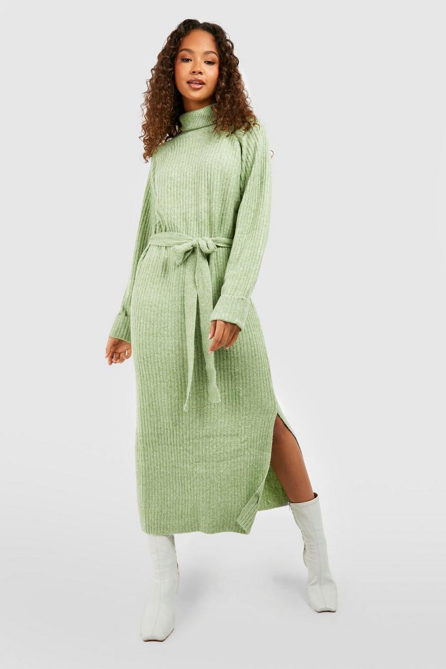Khaki Turtleneck Belted Knitted Midi Dress