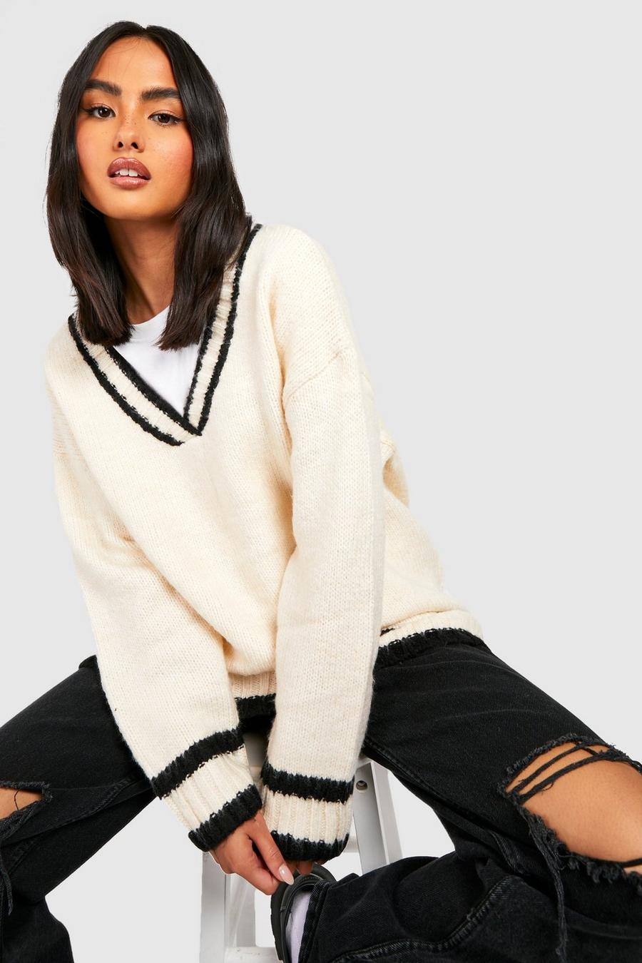 Cream Deep V Knitted Cricket Sweater image number 1