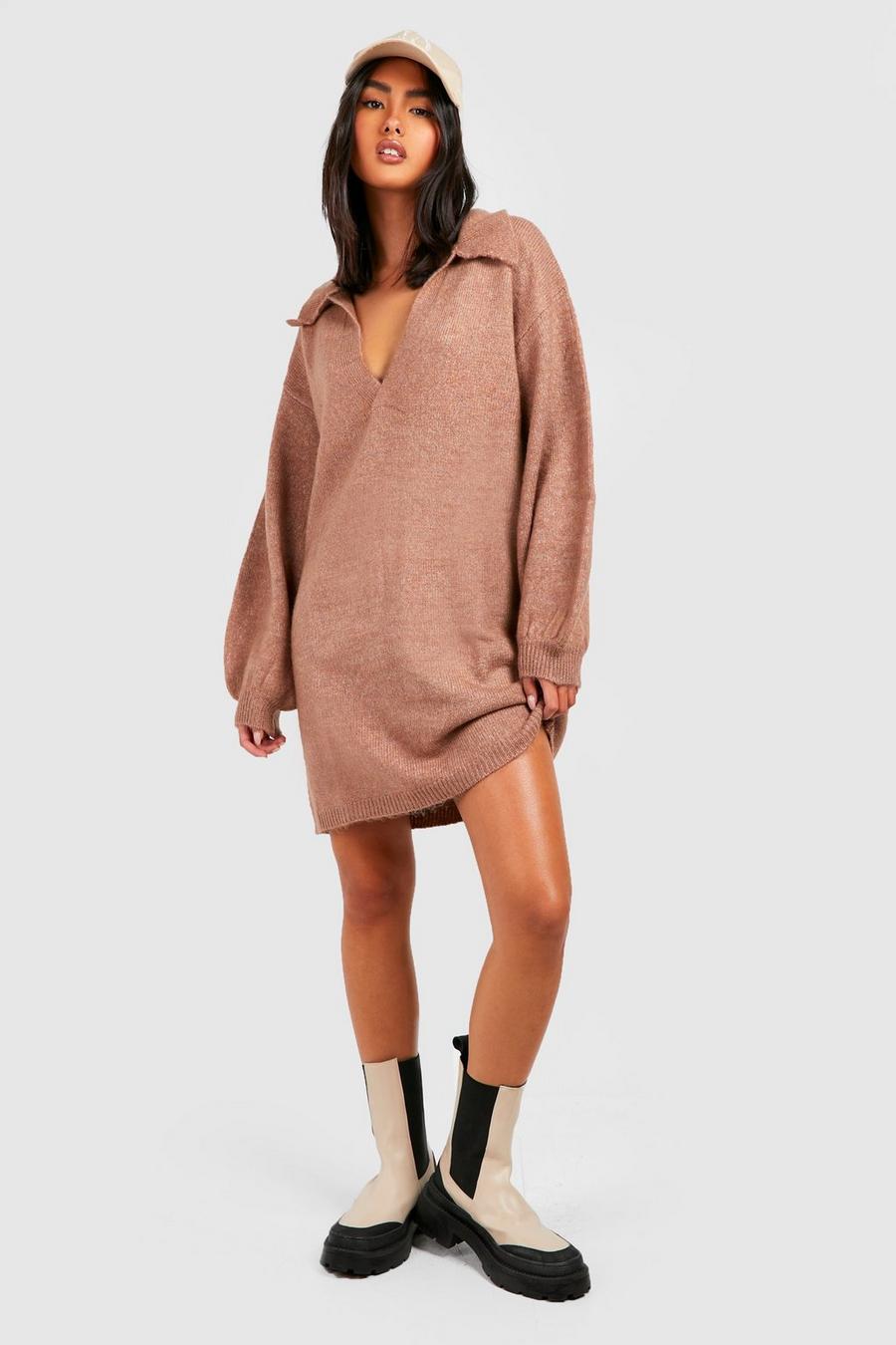 Camel Polo Neck Oversized Knitted Sweater Dress
