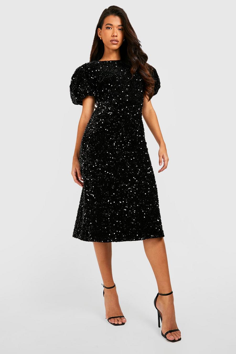Black Tall Velvet Sequin Puff Sleeve Midi Dress