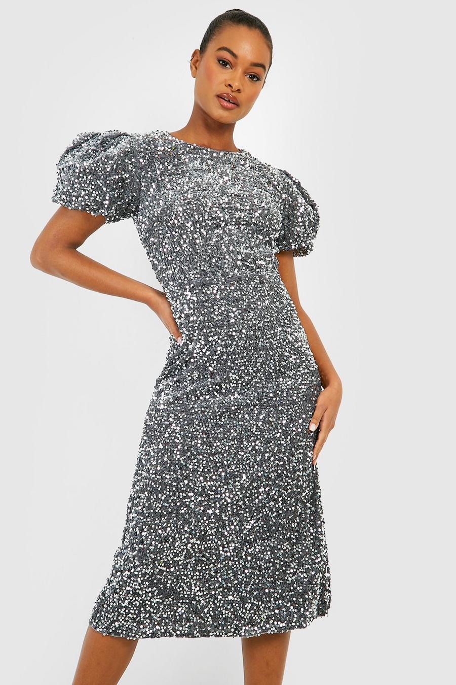 Grey Tall Velvet Sequin Puff Sleeve Midi Dress image number 1