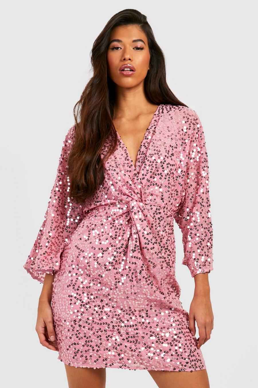 Pink Tall Angel Sleeve Tie Front Sequin Dress