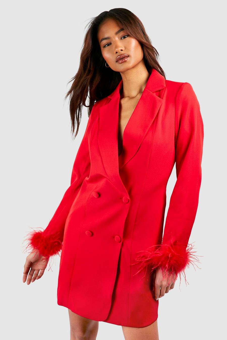 Red Tall Feather Detail Blazer Dress
