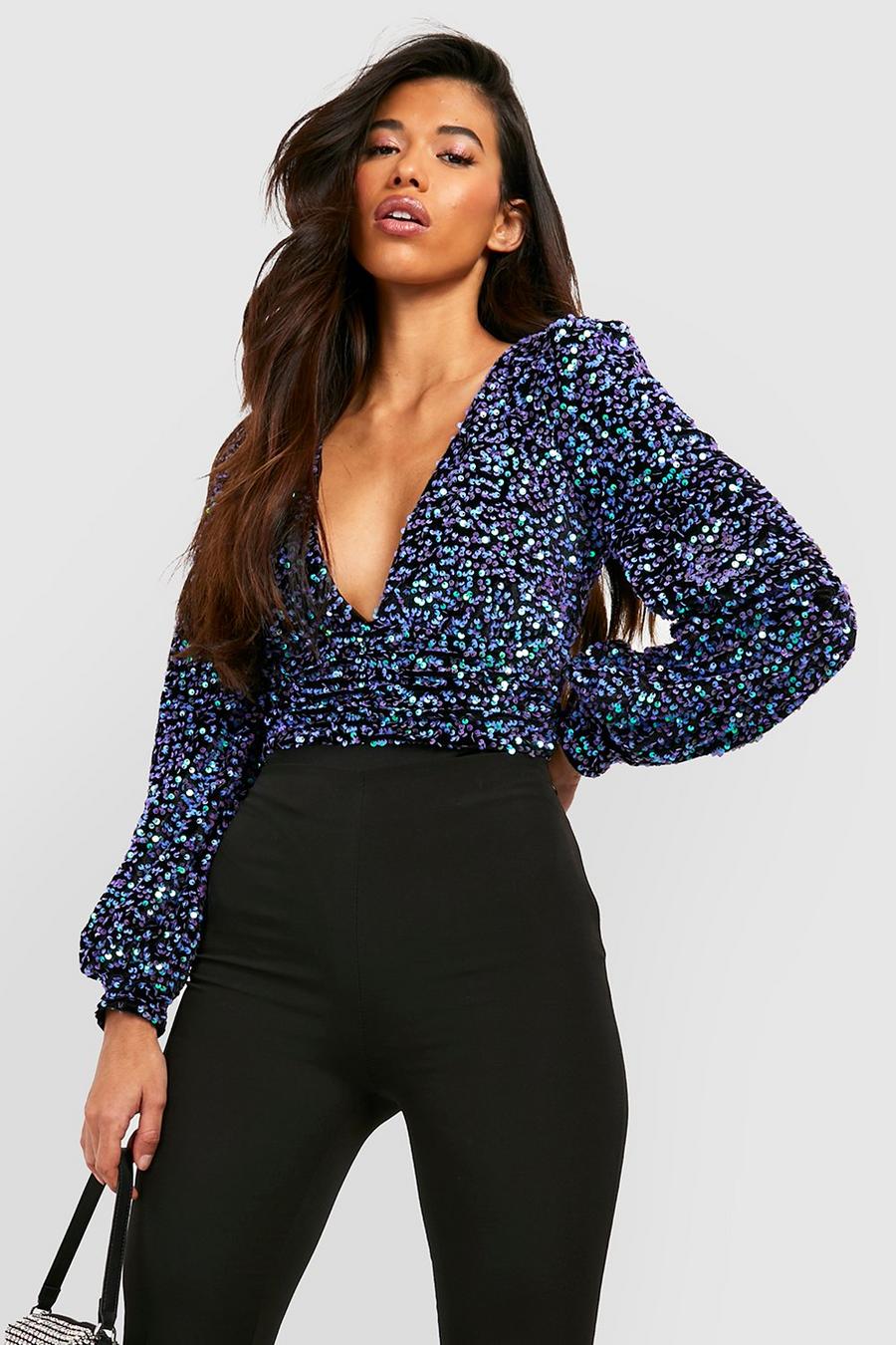 Blue Tall Sequin Velvet Plunge Bodysuit