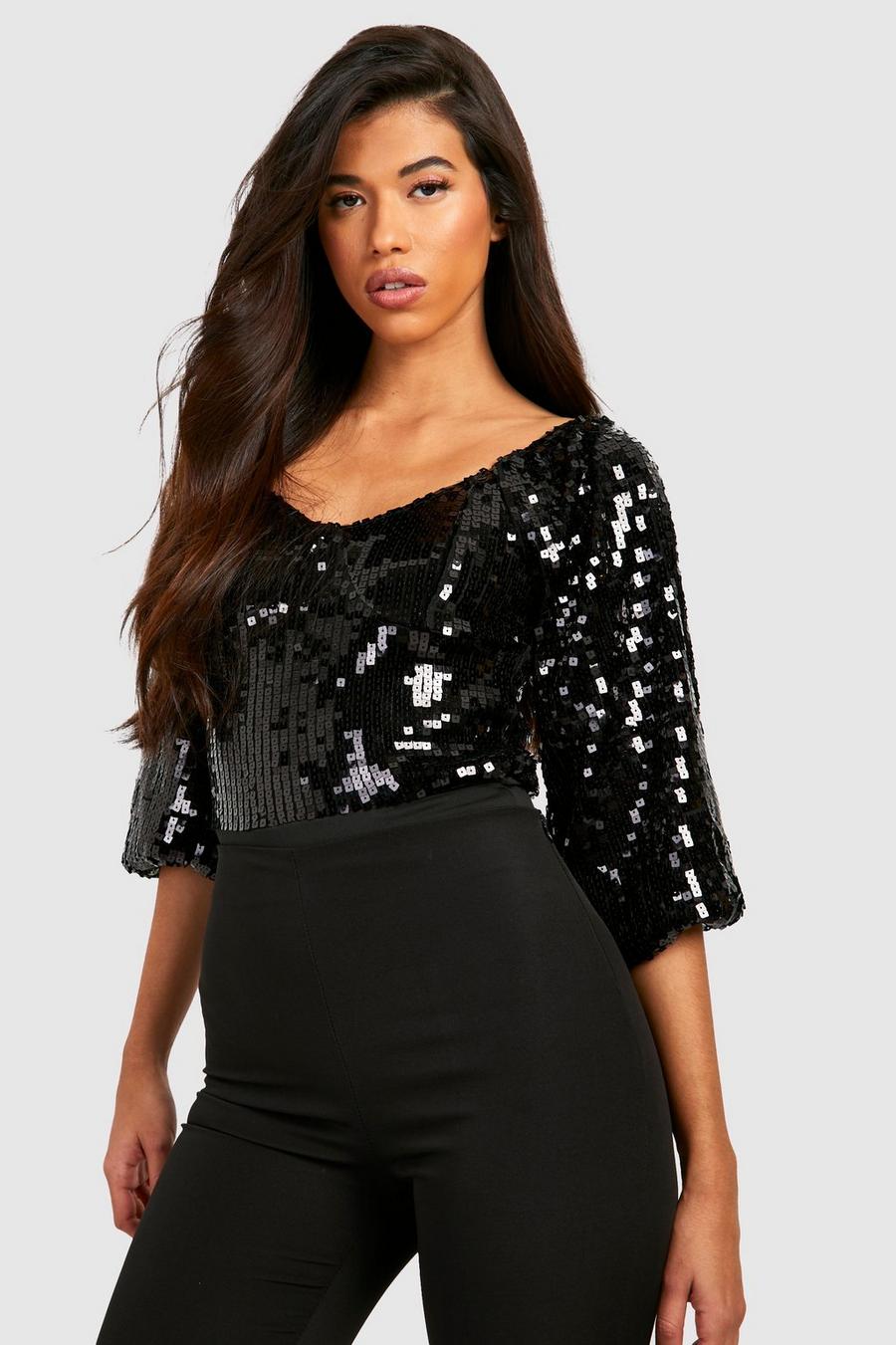 Black Tall Sweetheart Neck Sequin Bodysuit