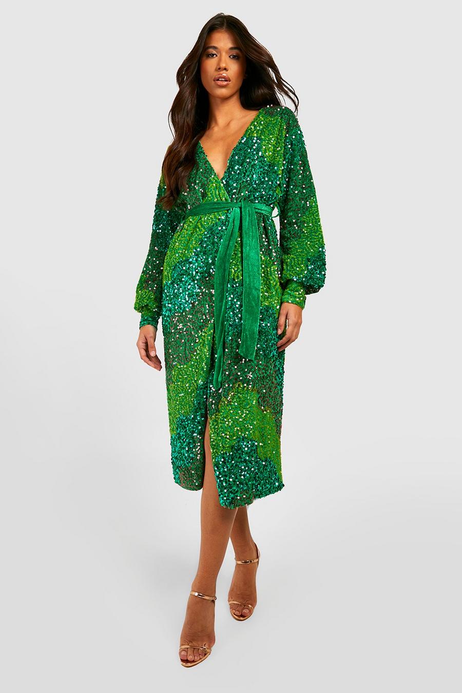 Green Tall Paneled Sequin Belted Wrap Dress image number 1