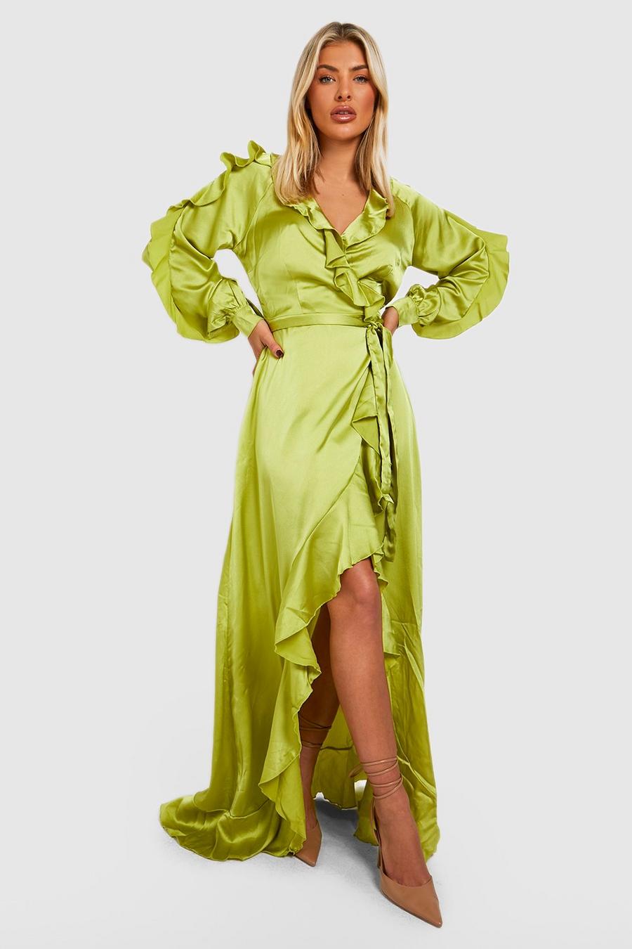 Chartreuse Satin Ruffle Wrap Maxi Dress 