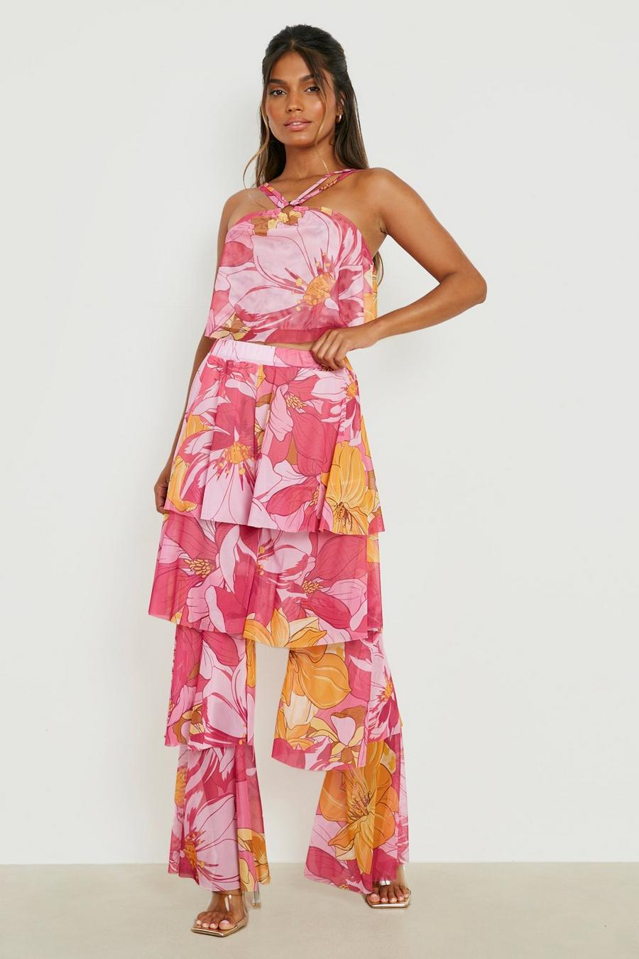 Pink Floral Mesh Tiered Wide Leg Trousers