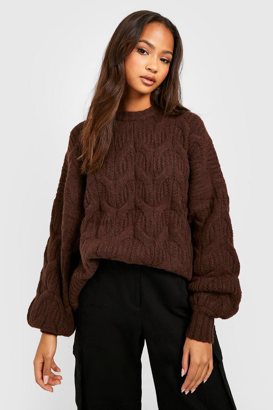 Chocolate Fluffy Cable Knit Crew Neck Jumper image number 1