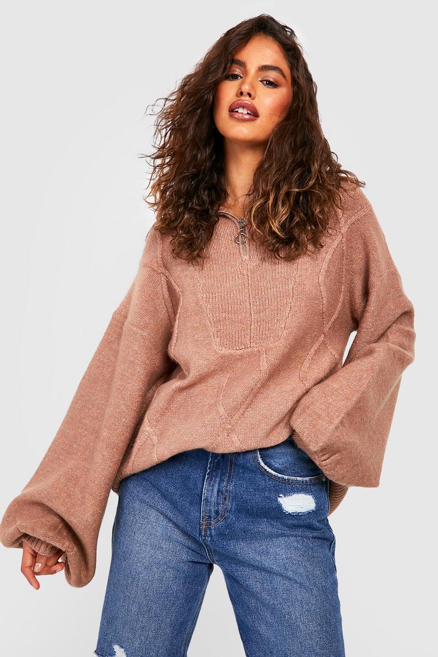 Camel Balloon Sleeve Half Zip Knitted Sweater