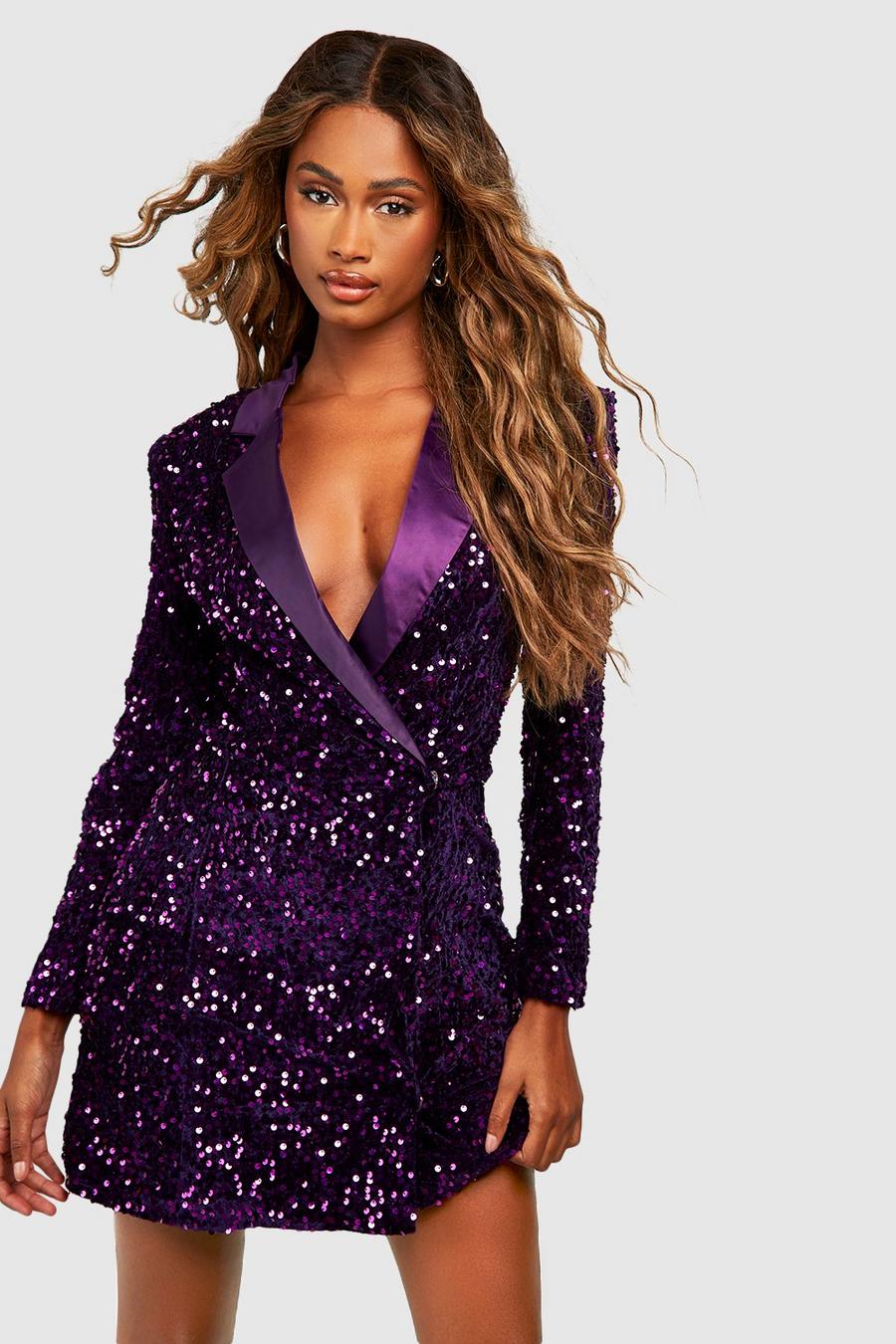 Purple Velvet Sequin Wrap Blazer Party Dress