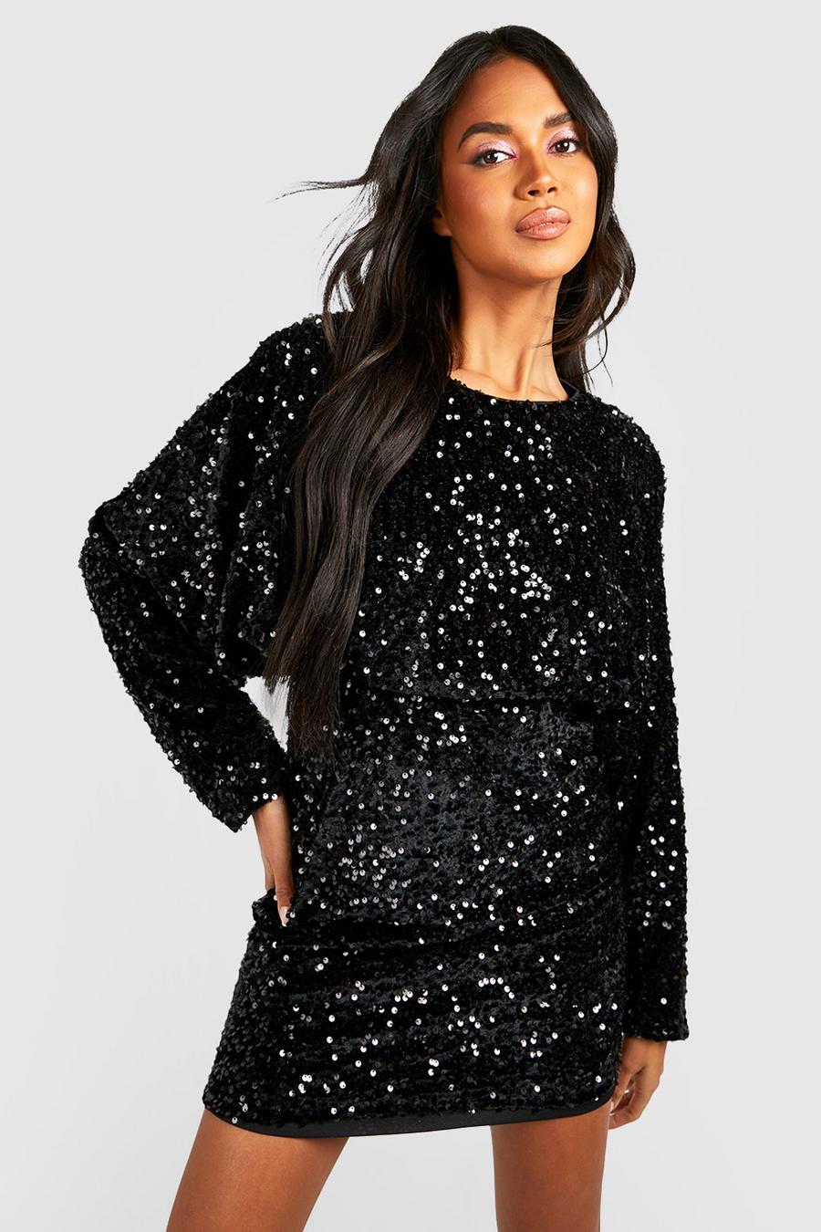Black Velvet Sequin Blouson Mini Party Dress