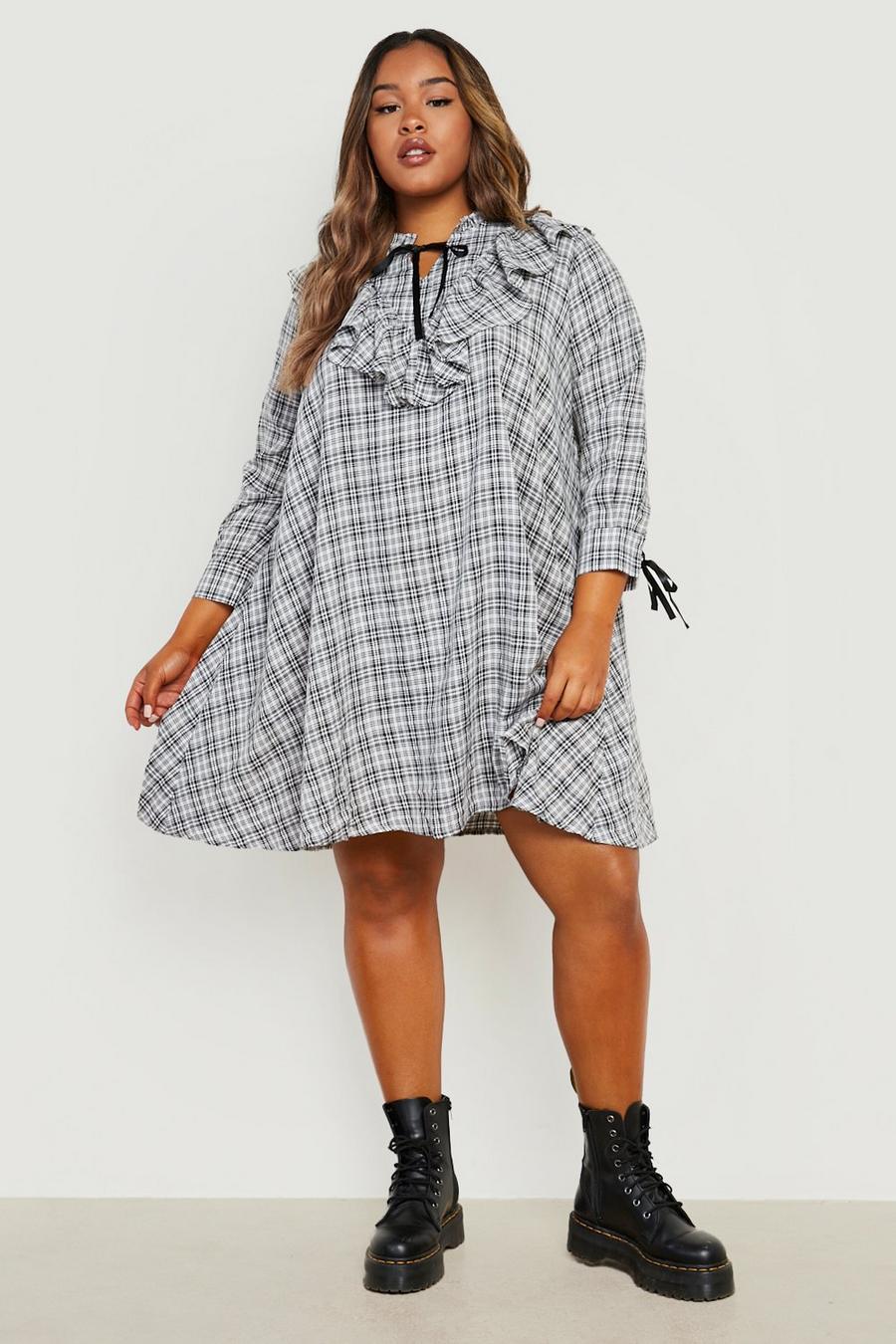 Black Plus Check Ruffle Woven Smock Dress